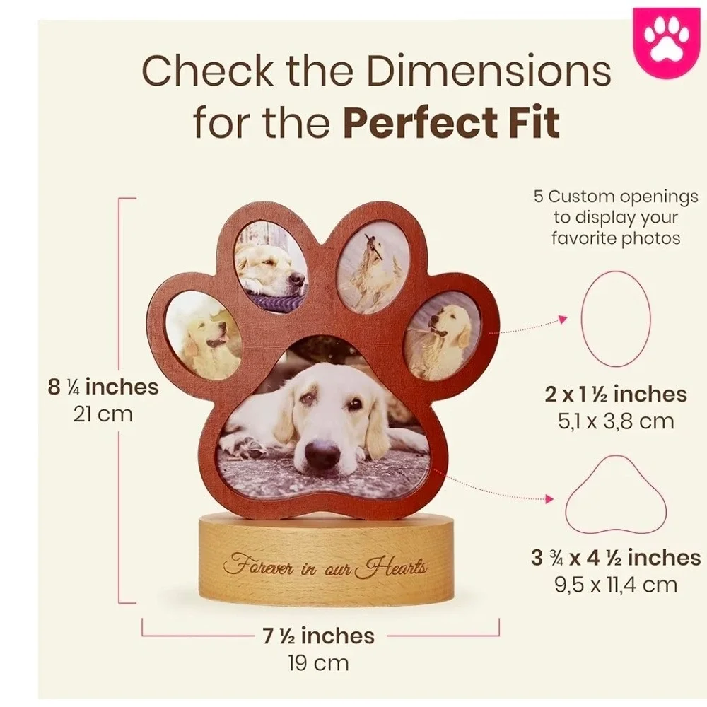 VividArt Paw Print Pet Memorial Photo Frame Mahogany Birchwood Forever in Hearts